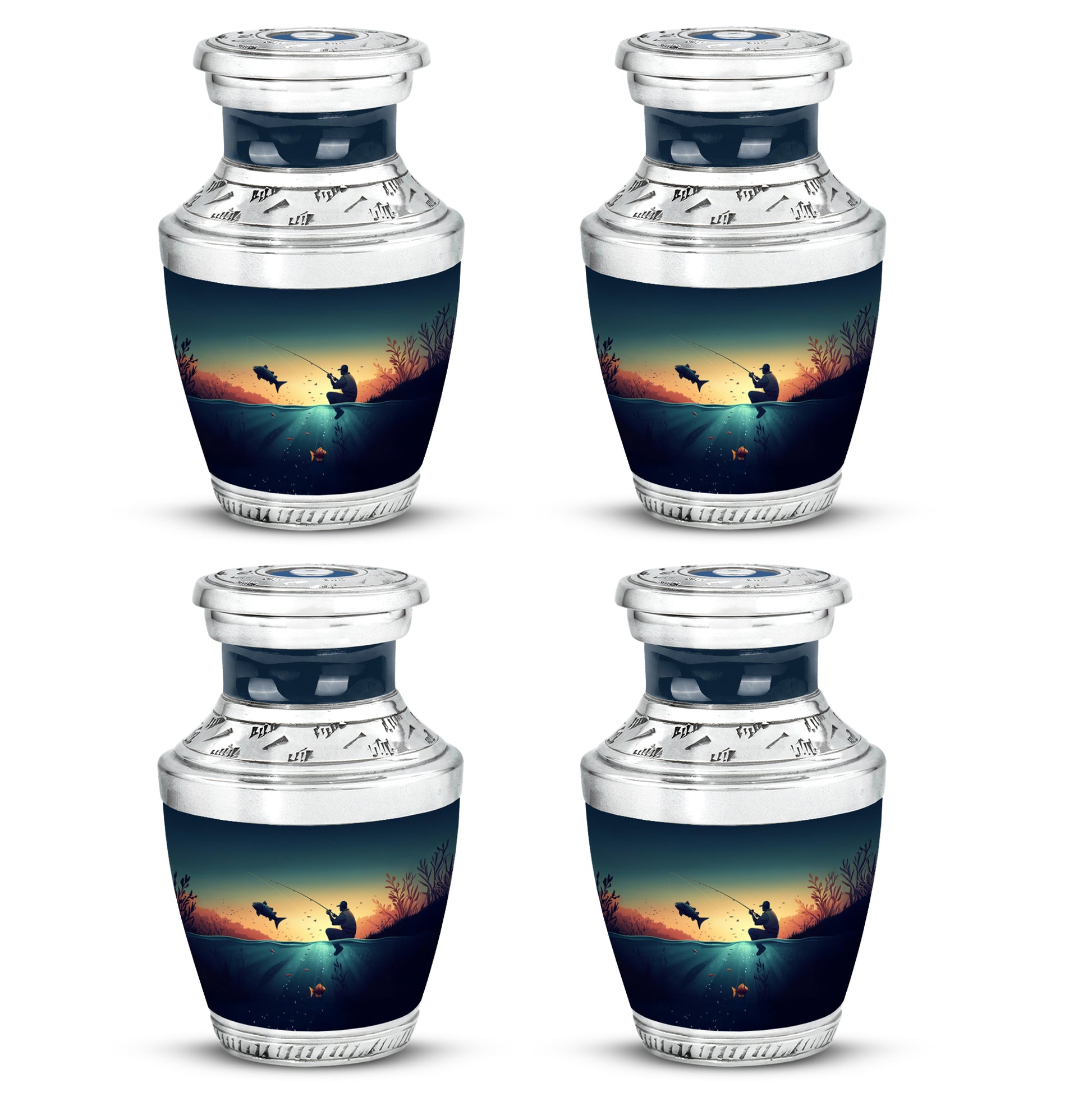 Aqua Teal Fishing Cremation Urn back view with polished surface - stylized abstract fishing pattern with bold lines - 10 inch aluminum urn for cremated remains