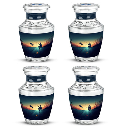Aqua Teal Fishing Cremation Urn back view with polished surface - stylized abstract fishing pattern with bold lines - 10 inch aluminum urn for cremated remains