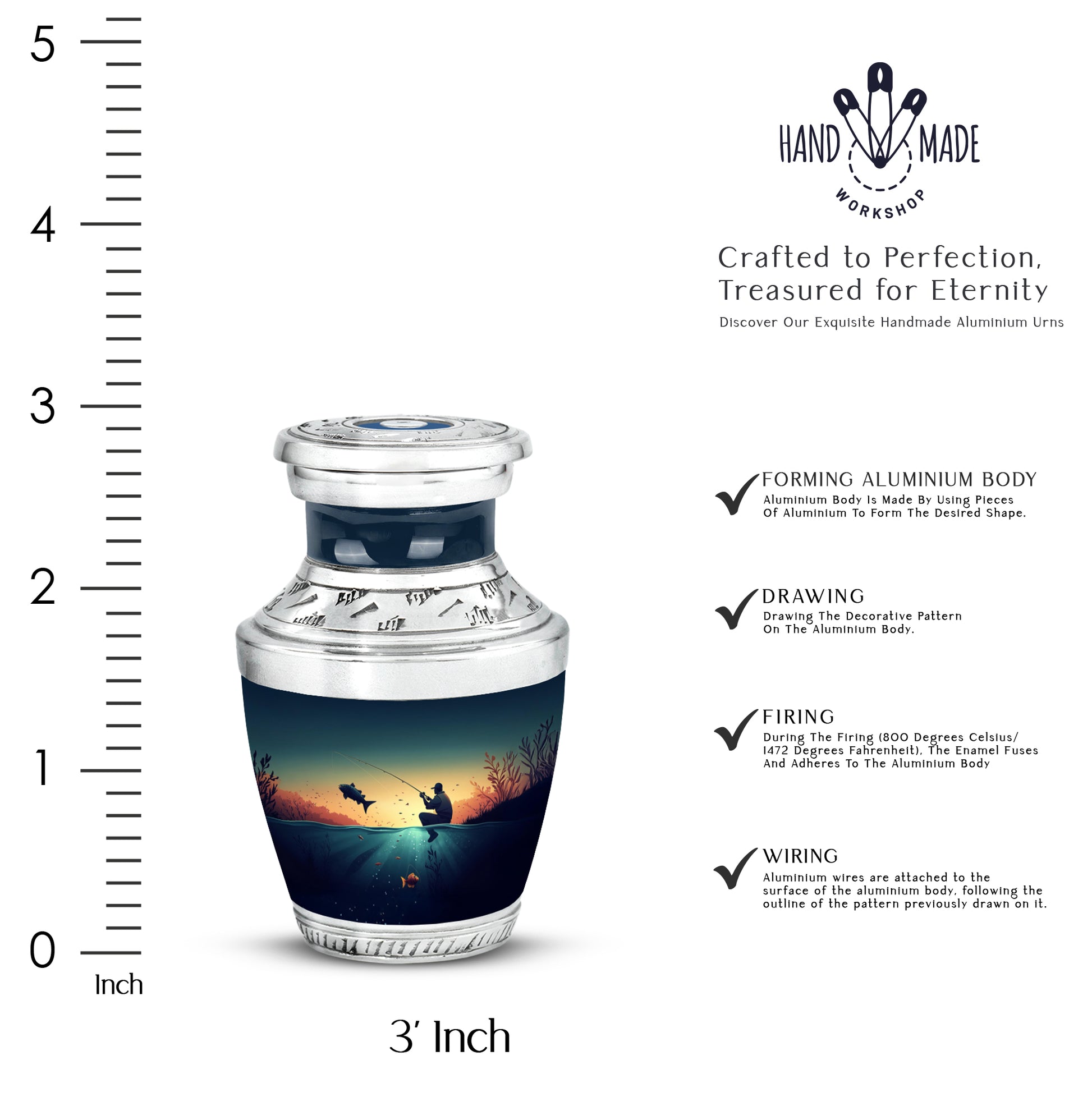 Jewel Teal Fishing Cremation Urn top-down view of secure threaded lid - modern art-inspired fishing motif on sleek aluminum - mini keepsake memorial for portion of cremation ashes