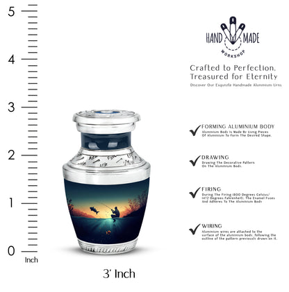 Jewel Teal Fishing Cremation Urn top-down view of secure threaded lid - modern art-inspired fishing motif on sleek aluminum - mini keepsake memorial for portion of cremation ashes