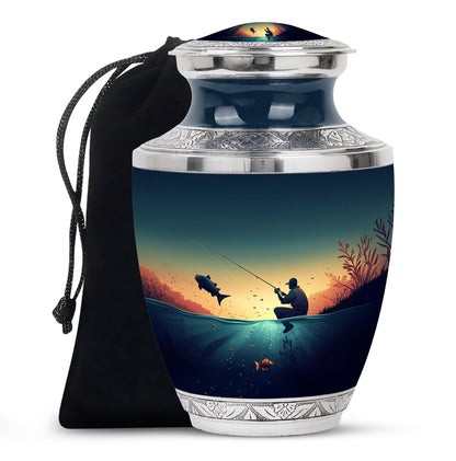 Sea Green Teal Fishing Cremation Urn side profile showing urn shape - modern art-inspired fishing motif on sleek aluminum - full-size 10 inch 200 cubic inch adult cremation urn