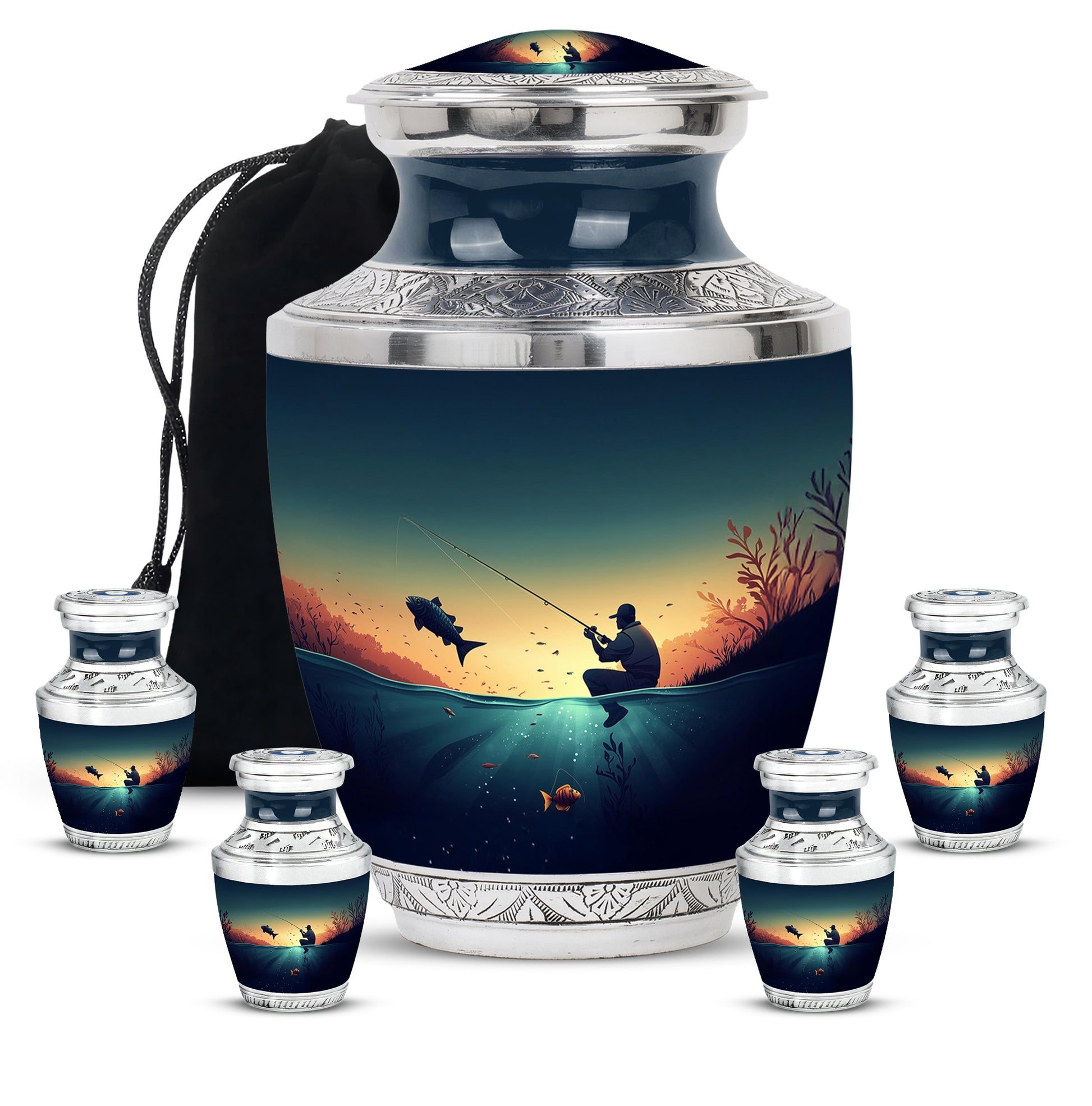 Soft Teal Fishing Cremation Urn lifestyle display on memorial shelf - contemporary fishing design with modern artistic flair - memorial set with one large and four small urns