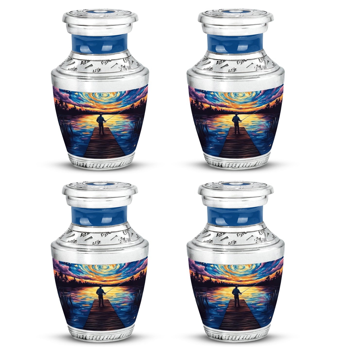 Sky Blue Fishing Cremation Urn back view with polished surface - contemporary fishing design with modern artistic flair - 10 inch aluminum urn for cremated remains