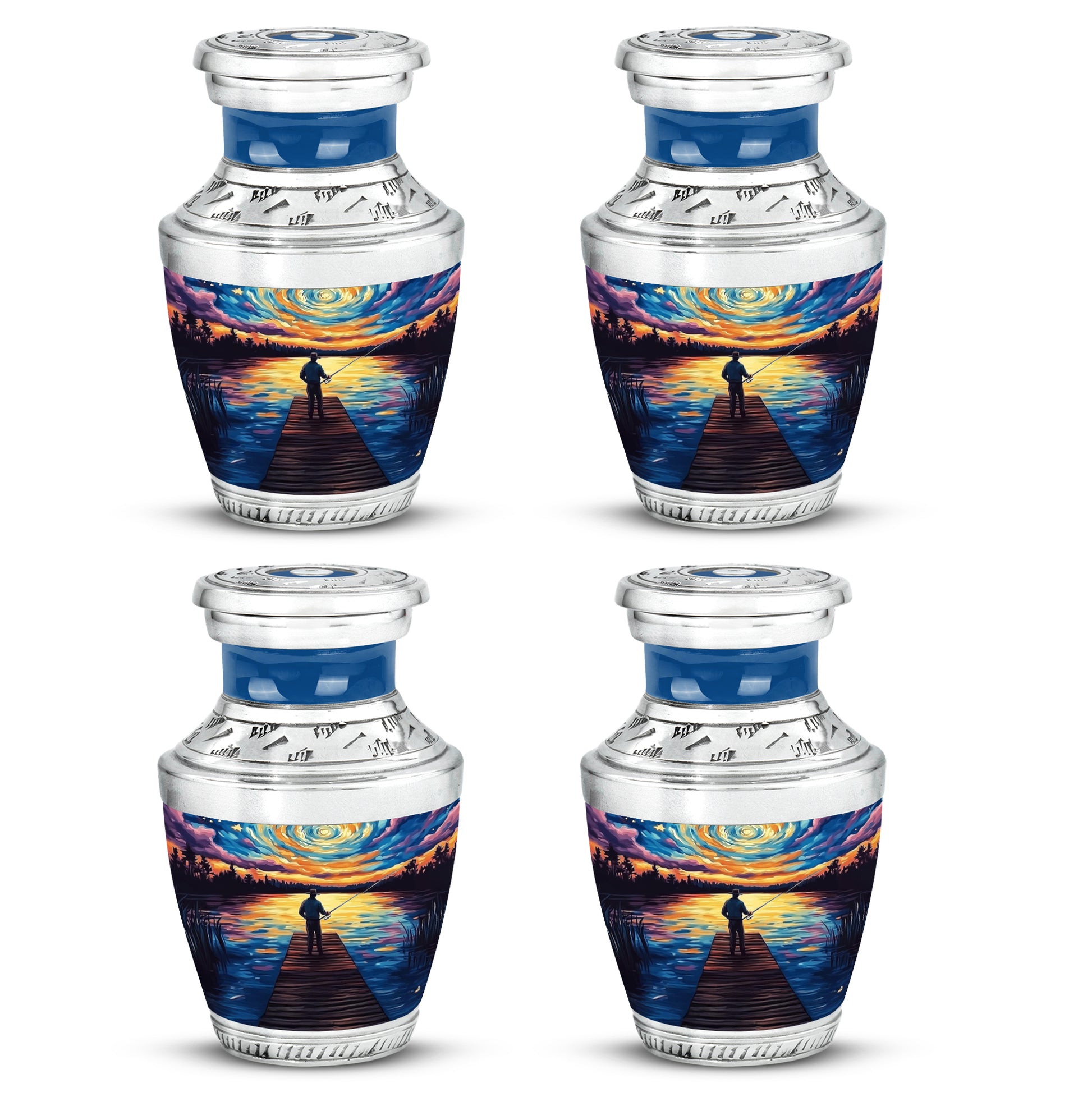 Sky Blue Fishing Cremation Urn back view with polished surface - contemporary fishing design with modern artistic flair - 10 inch aluminum urn for cremated remains