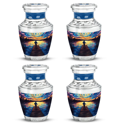 Sky Blue Fishing Cremation Urn back view with polished surface - contemporary fishing design with modern artistic flair - 10 inch aluminum urn for cremated remains
