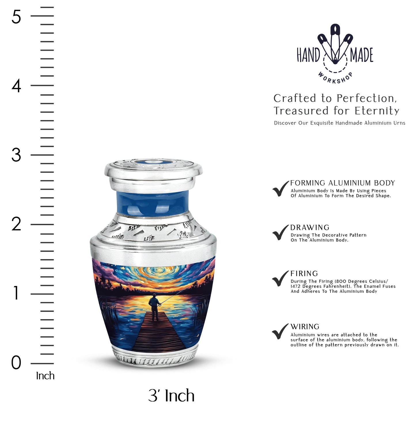 Celestial Blue Fishing Cremation Urn top-down view of secure threaded lid - modern art-inspired fishing motif on sleek aluminum - mini keepsake memorial for portion of cremation ashes