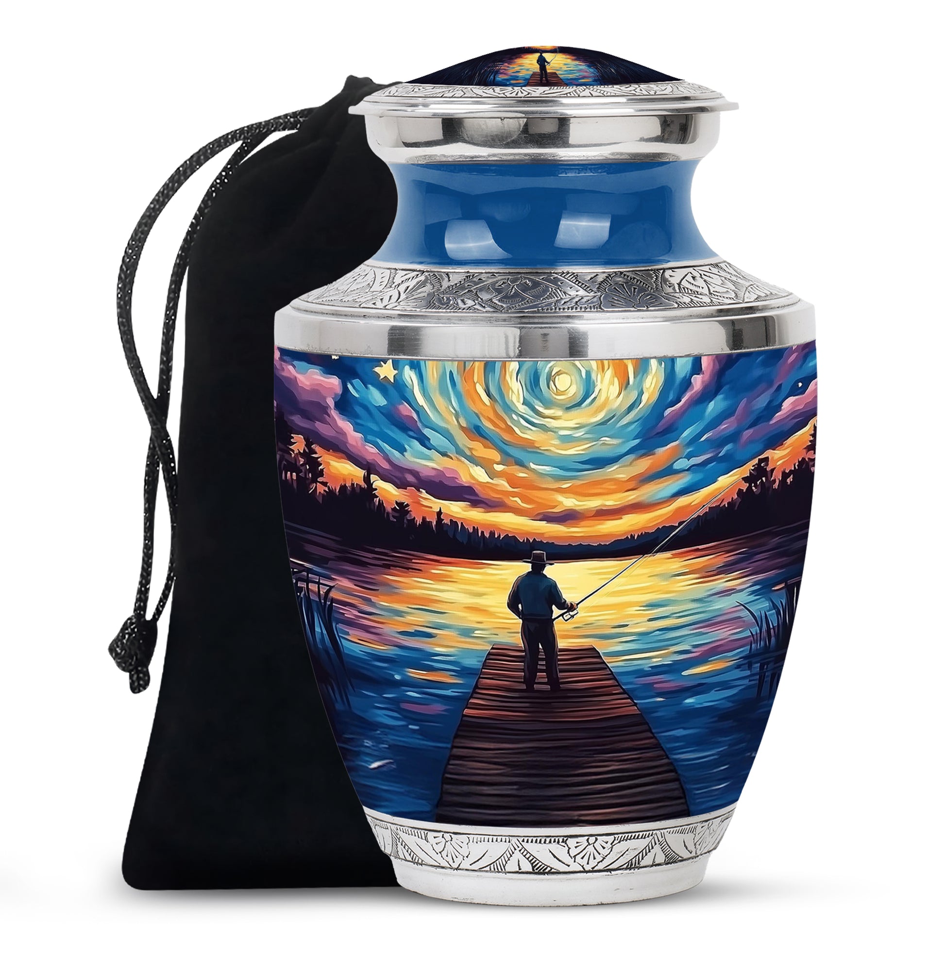 Powder Blue Fishing Cremation Urn side profile showing urn shape - modern art-inspired fishing motif on sleek aluminum - full-size 10 inch 200 cubic inch adult cremation urn