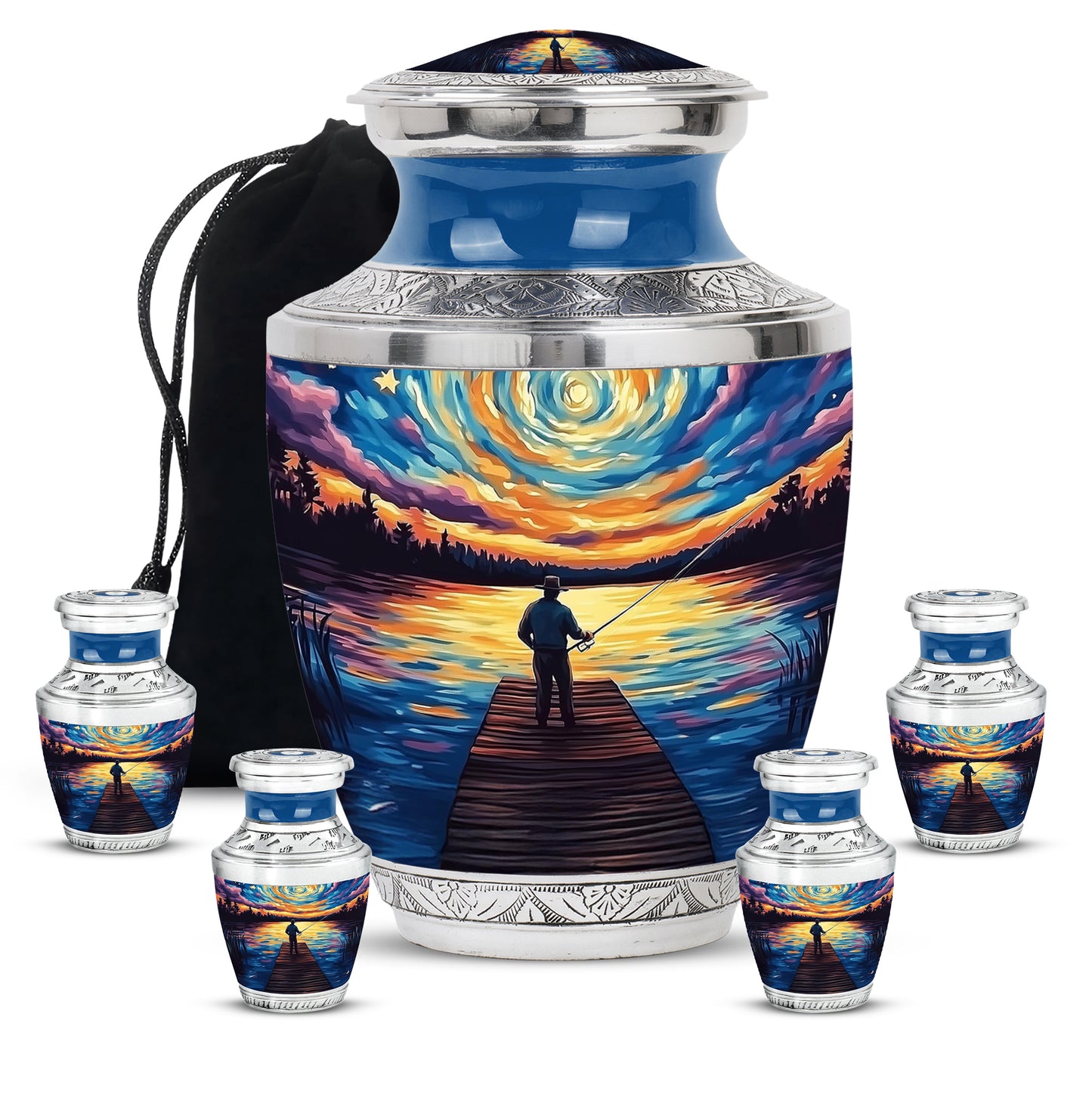 Steel Blue Fishing Cremation Urn lifestyle display on memorial shelf - stylized abstract fishing pattern with bold lines - memorial set with one large and four small urns