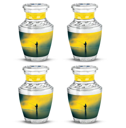 Sunrise Gold Fishing Cremation Urn back view with polished surface - contemporary fishing design with modern artistic flair - 10 inch aluminum urn for cremated remains