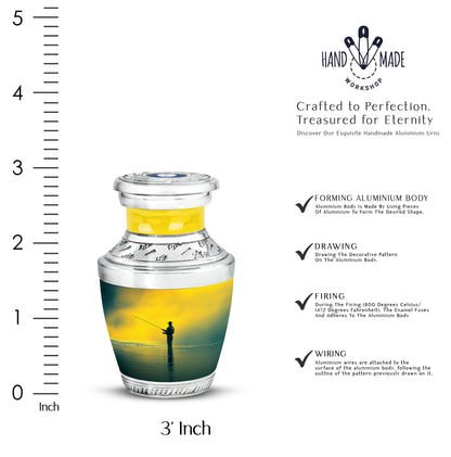 Sunrise Gold Fishing Cremation Urn top-down view of secure threaded lid - modern art-inspired fishing motif on sleek aluminum - mini keepsake memorial for portion of cremation ashes