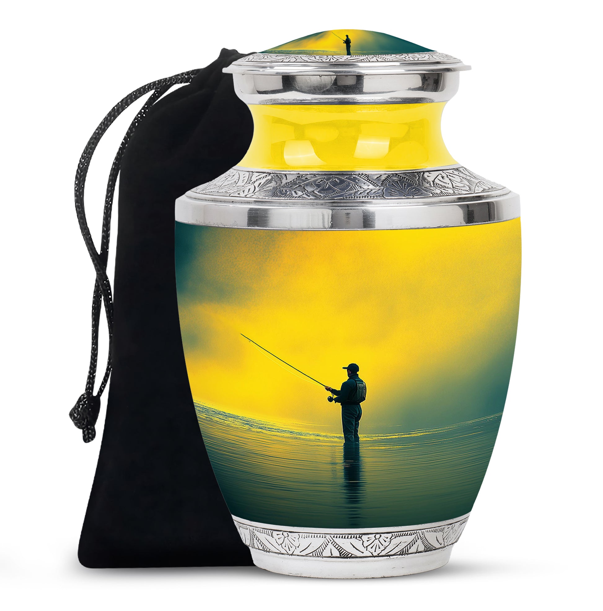 Warm Gold Fishing Cremation Urn side profile showing urn shape - stylized abstract fishing pattern with bold lines - full-size 10 inch 200 cubic inch adult cremation urn