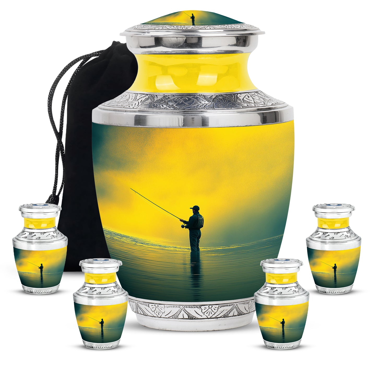 Sunrise Gold Fishing Cremation Urn lifestyle display on memorial shelf - modern art-inspired fishing motif on sleek aluminum - memorial set with one large and four small urns