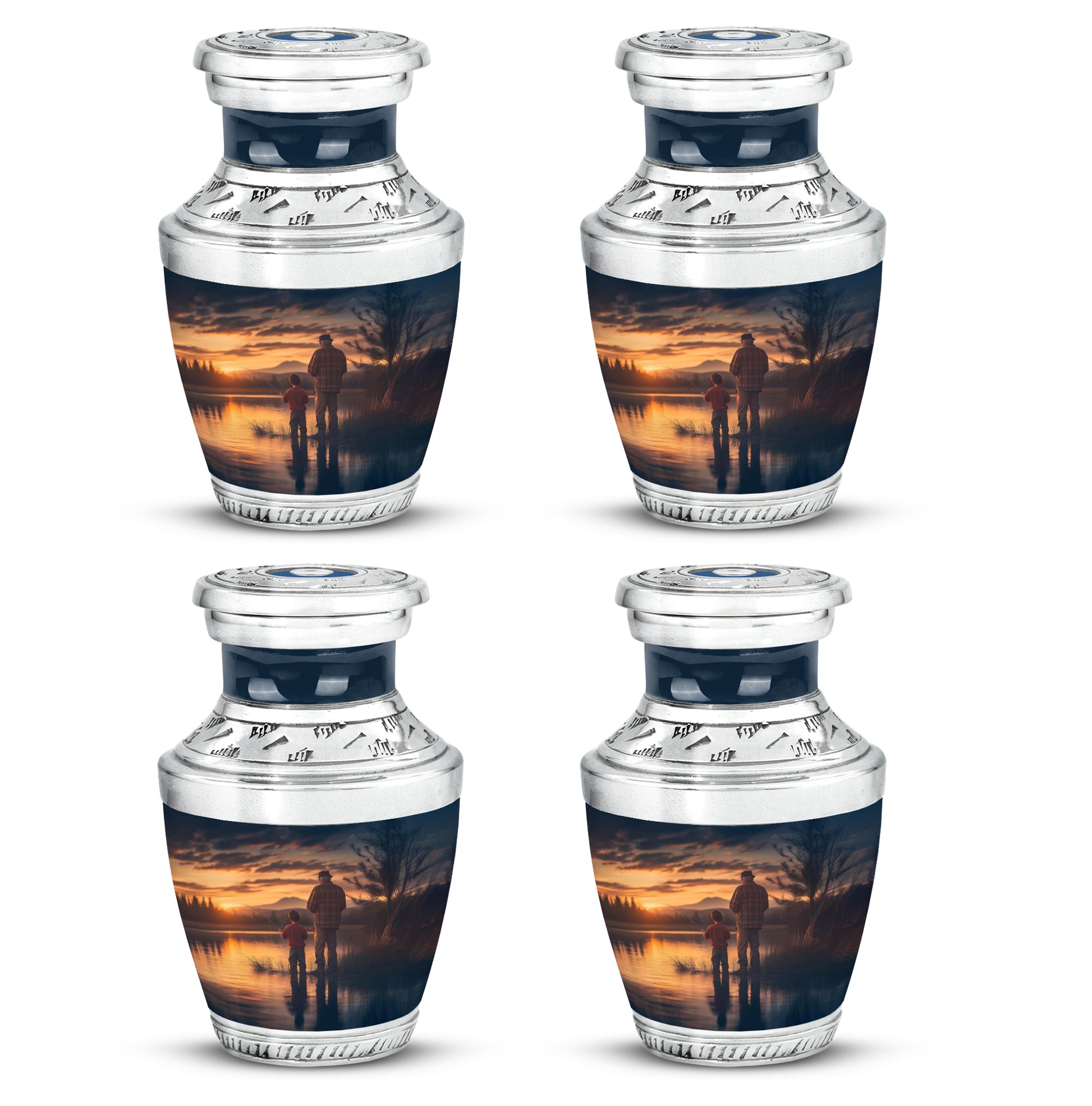 Cornflower Blue Fishing Cremation Urn back view with polished surface - stylized abstract fishing pattern with bold lines - 10 inch aluminum urn for cremated remains