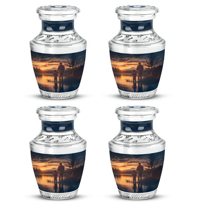 Cornflower Blue Fishing Cremation Urn back view with polished surface - stylized abstract fishing pattern with bold lines - 10 inch aluminum urn for cremated remains