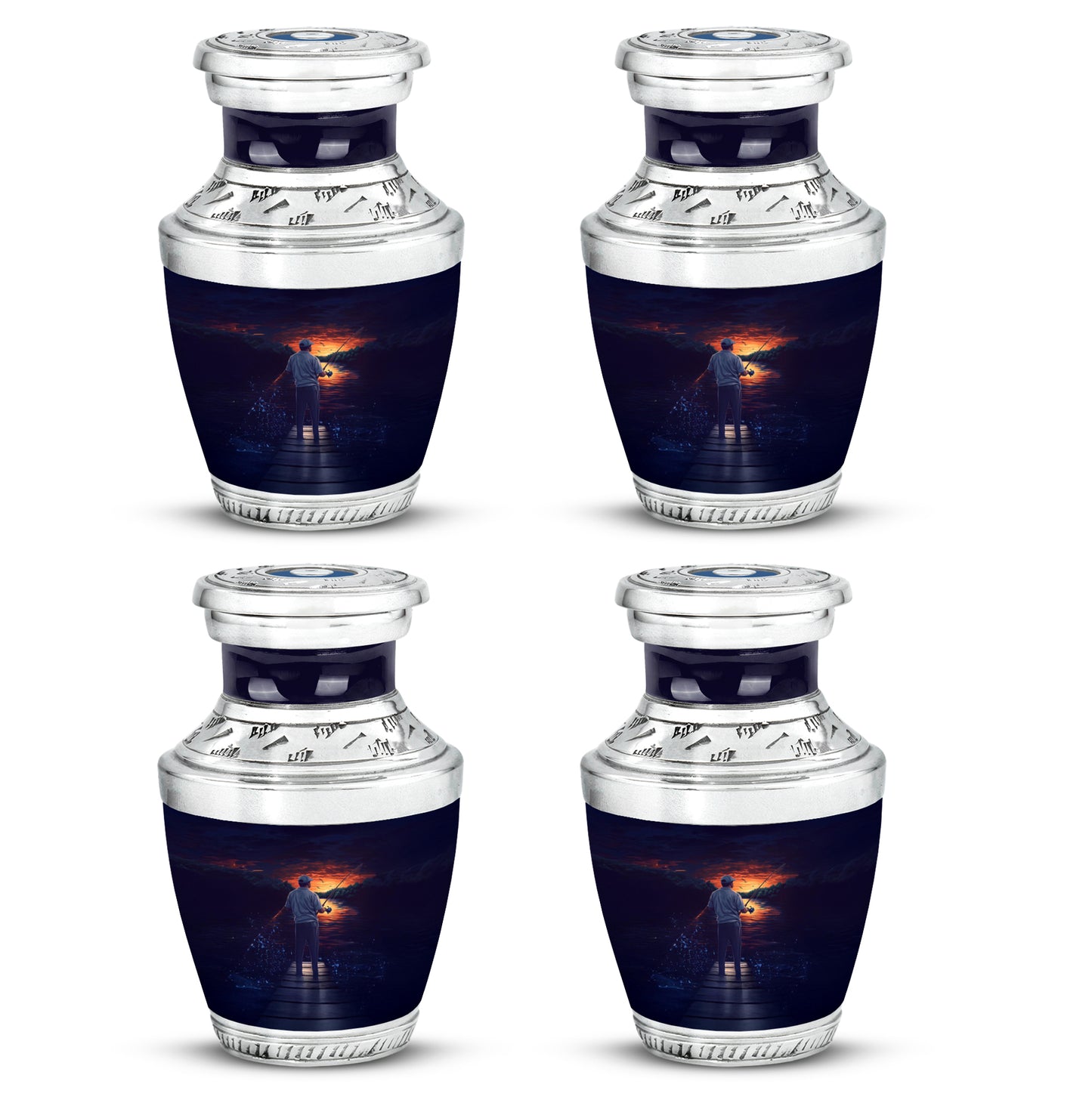 Twilight Blue Fishing Cremation Urn back view with polished surface - artistic fishing interpretation with creative detail - 10 inch aluminum urn for cremated remains