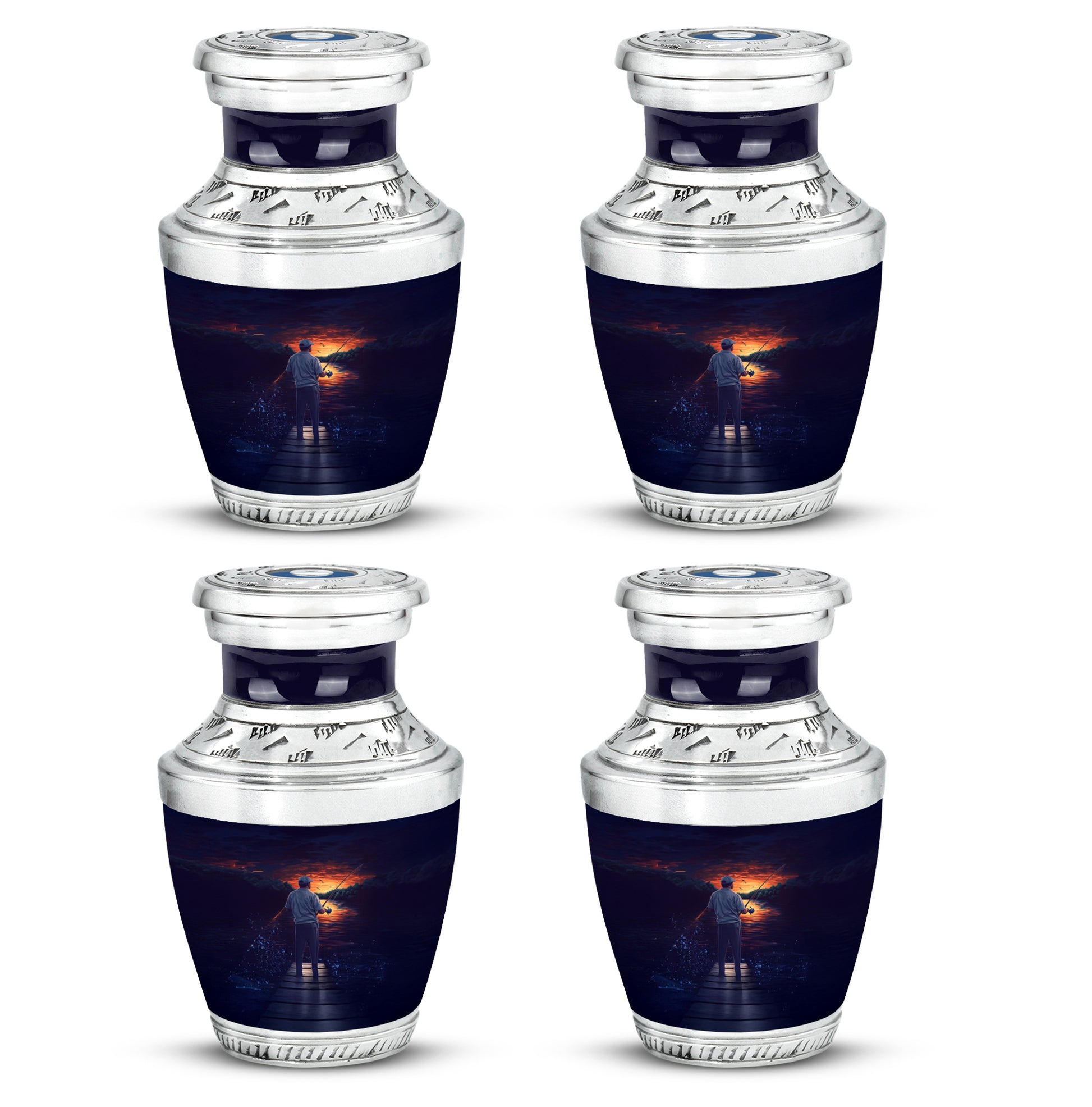 Twilight Blue Fishing Cremation Urn back view with polished surface - artistic fishing interpretation with creative detail - 10 inch aluminum urn for cremated remains