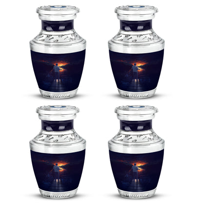 Twilight Blue Fishing Cremation Urn back view with polished surface - artistic fishing interpretation with creative detail - 10 inch aluminum urn for cremated remains