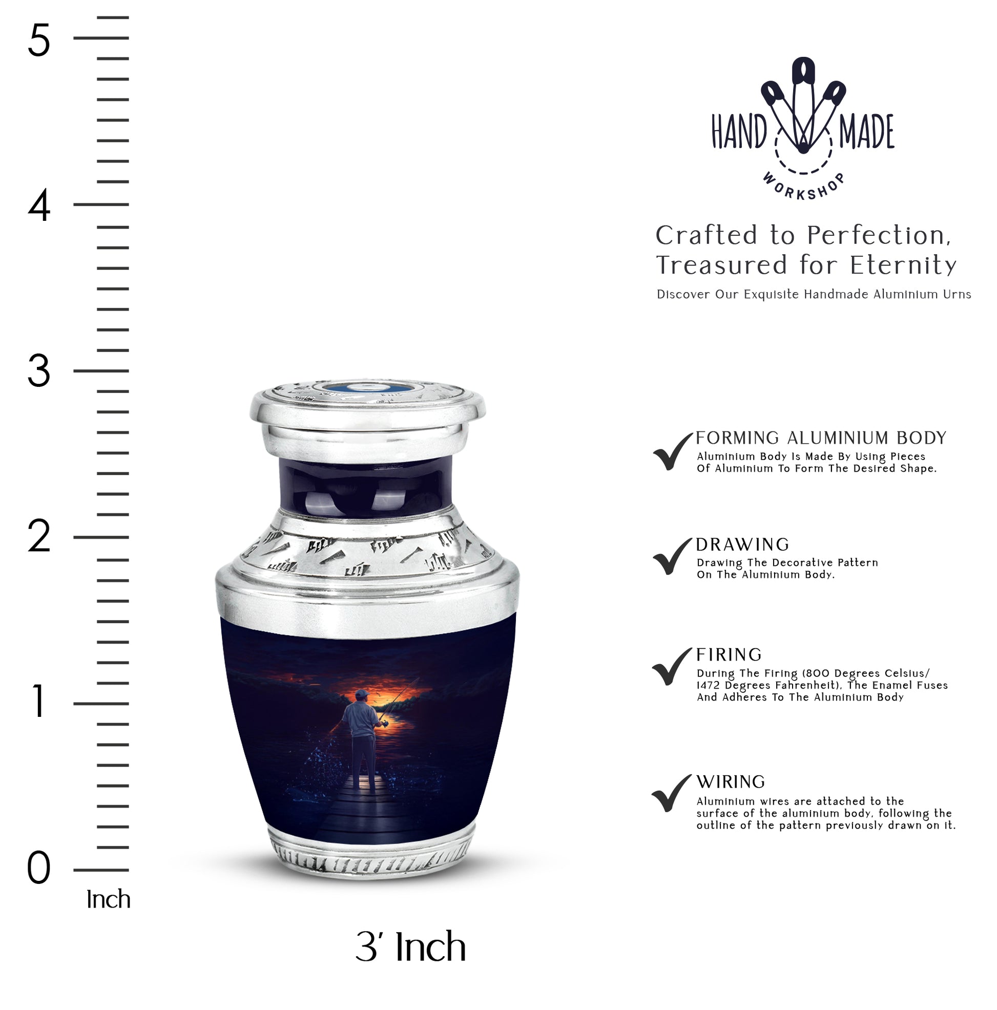 Sapphire Blue Fishing Cremation Urn top-down view of secure threaded lid - artistic fishing interpretation with creative detail - mini keepsake memorial for portion of cremation ashes