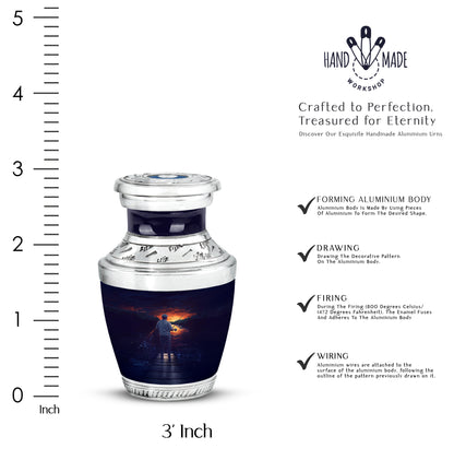 Sapphire Blue Fishing Cremation Urn top-down view of secure threaded lid - artistic fishing interpretation with creative detail - mini keepsake memorial for portion of cremation ashes