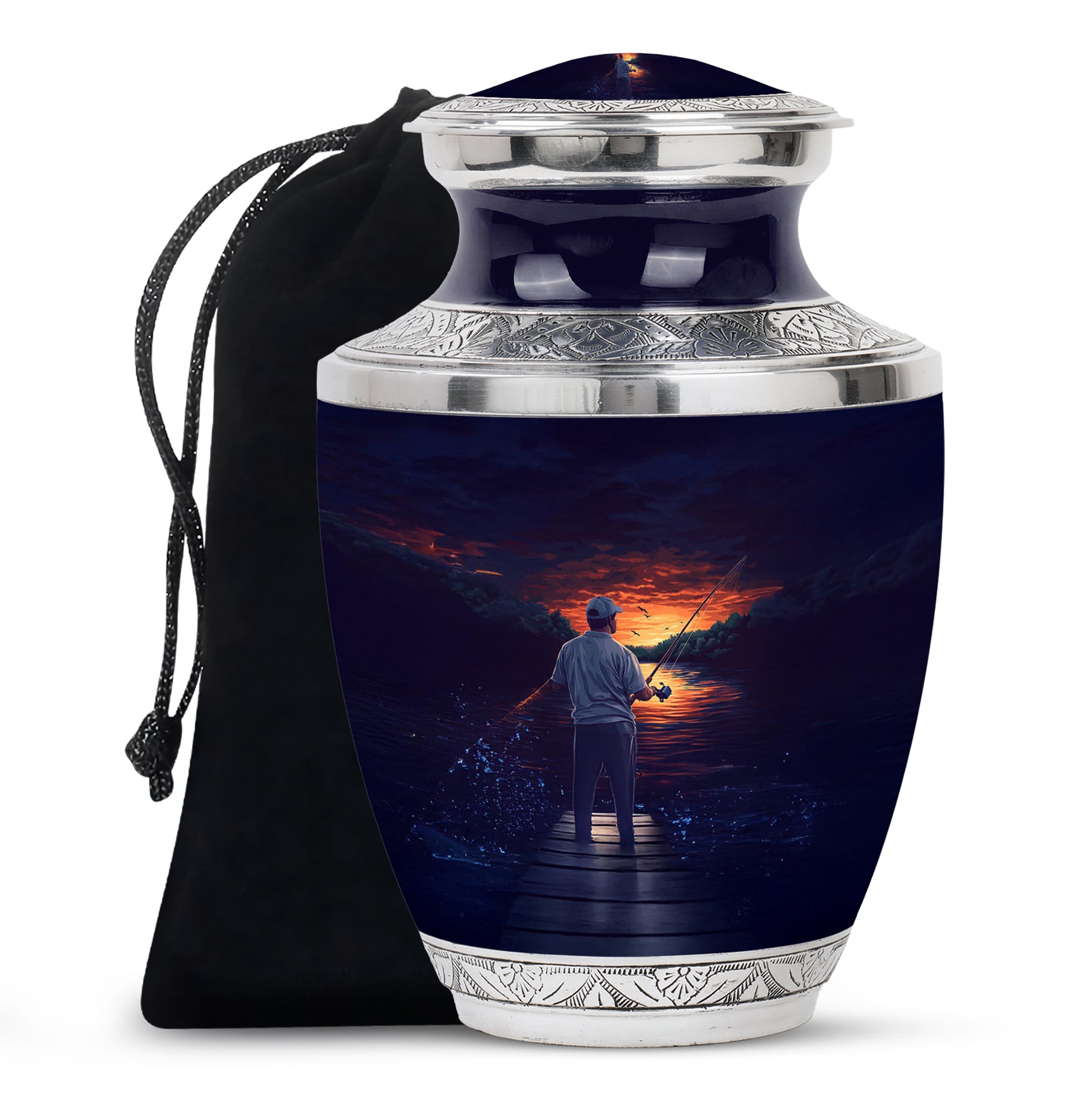 Vivid Blue Fishing Cremation Urn side profile showing urn shape - stylized abstract fishing pattern with bold lines - full-size 10 inch 200 cubic inch adult cremation urn