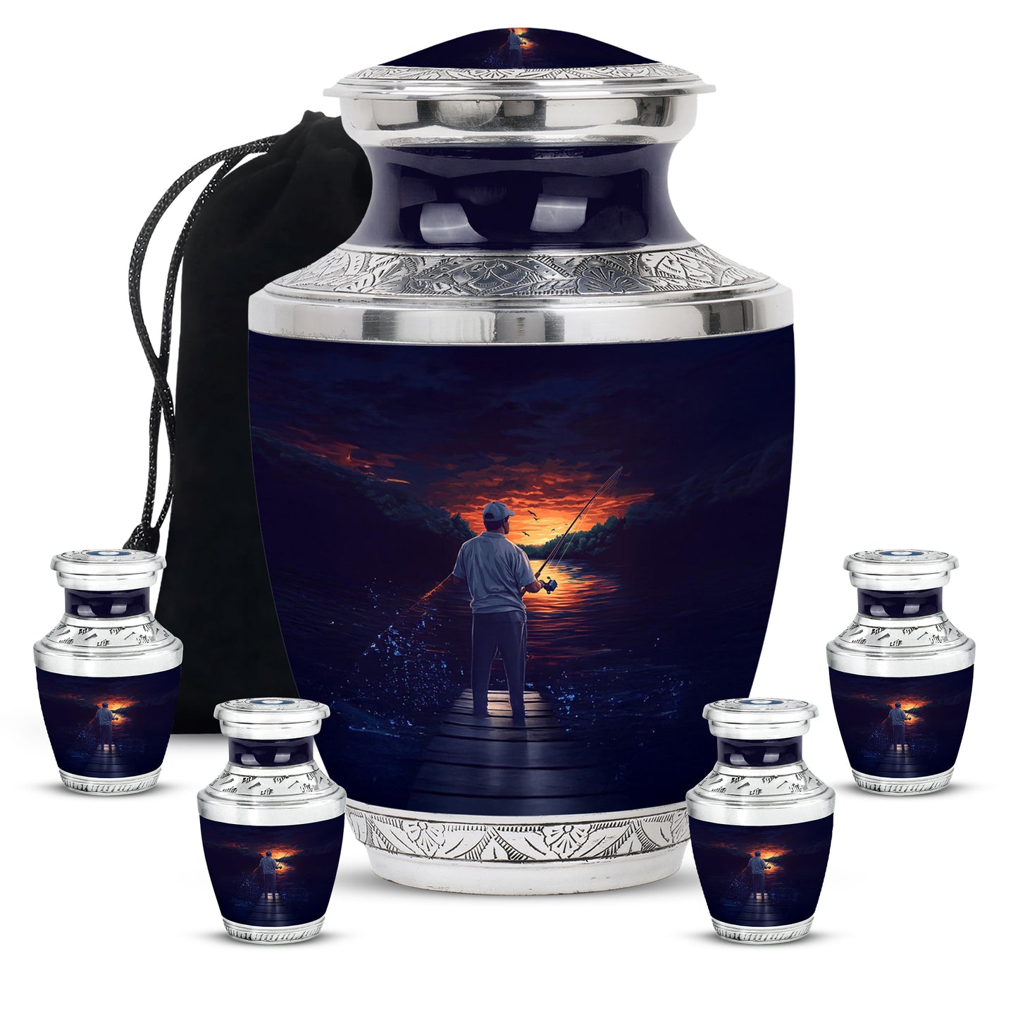 Celestial Blue Fishing Cremation Urn lifestyle display on memorial shelf - contemporary fishing design with modern artistic flair - memorial set with one large and four small urns