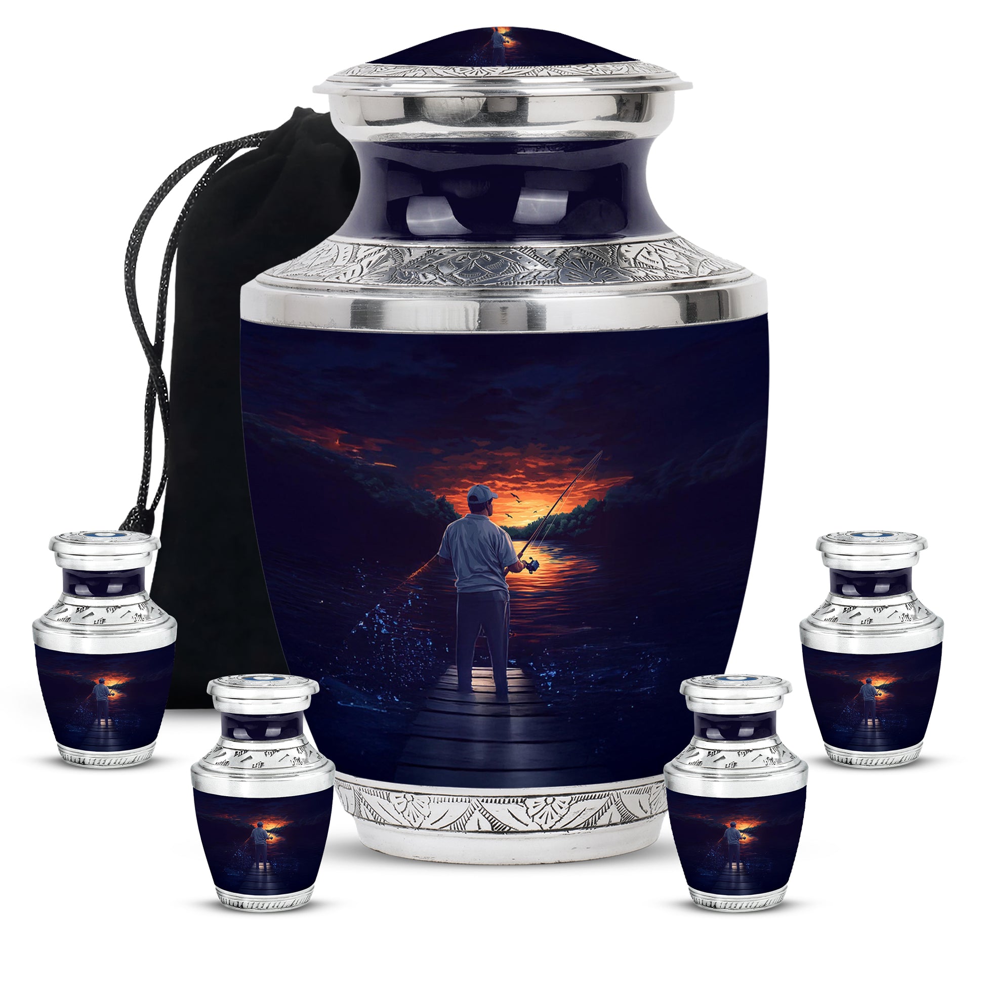 Celestial Blue Fishing Cremation Urn lifestyle display on memorial shelf - contemporary fishing design with modern artistic flair - memorial set with one large and four small urns