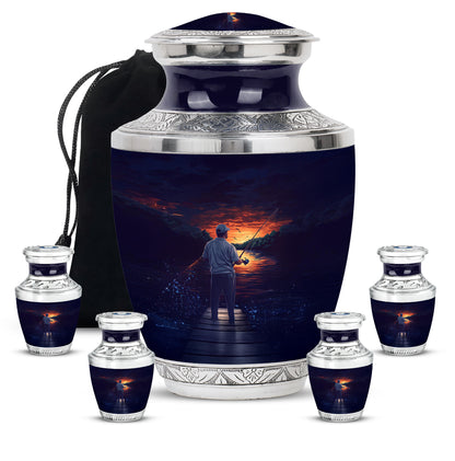 Celestial Blue Fishing Cremation Urn lifestyle display on memorial shelf - contemporary fishing design with modern artistic flair - memorial set with one large and four small urns