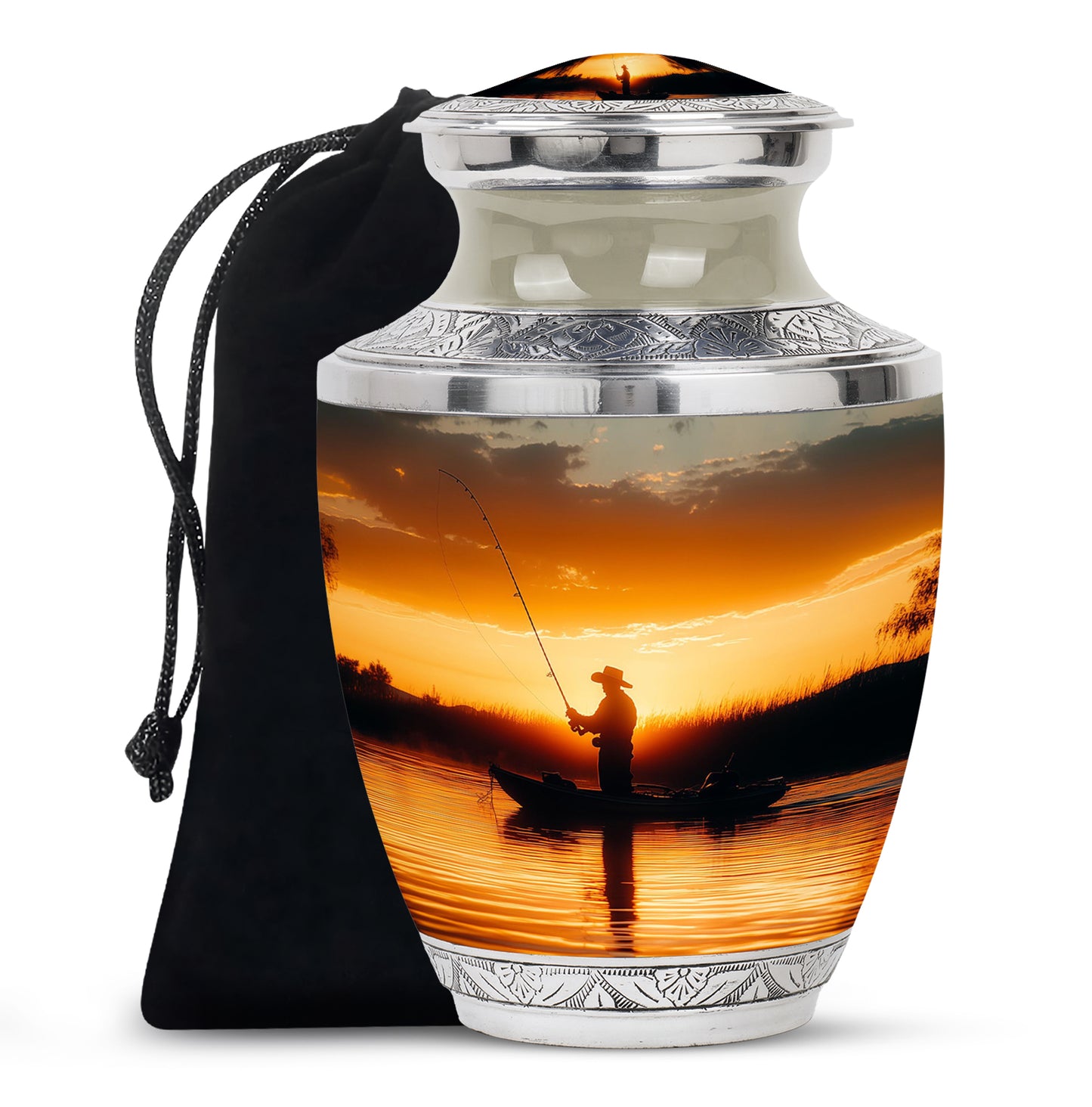 Champagne Gold Fishing Cremation Urn side profile showing urn shape - contemporary fishing design with modern artistic flair - full-size 10 inch 200 cubic inch adult cremation urn