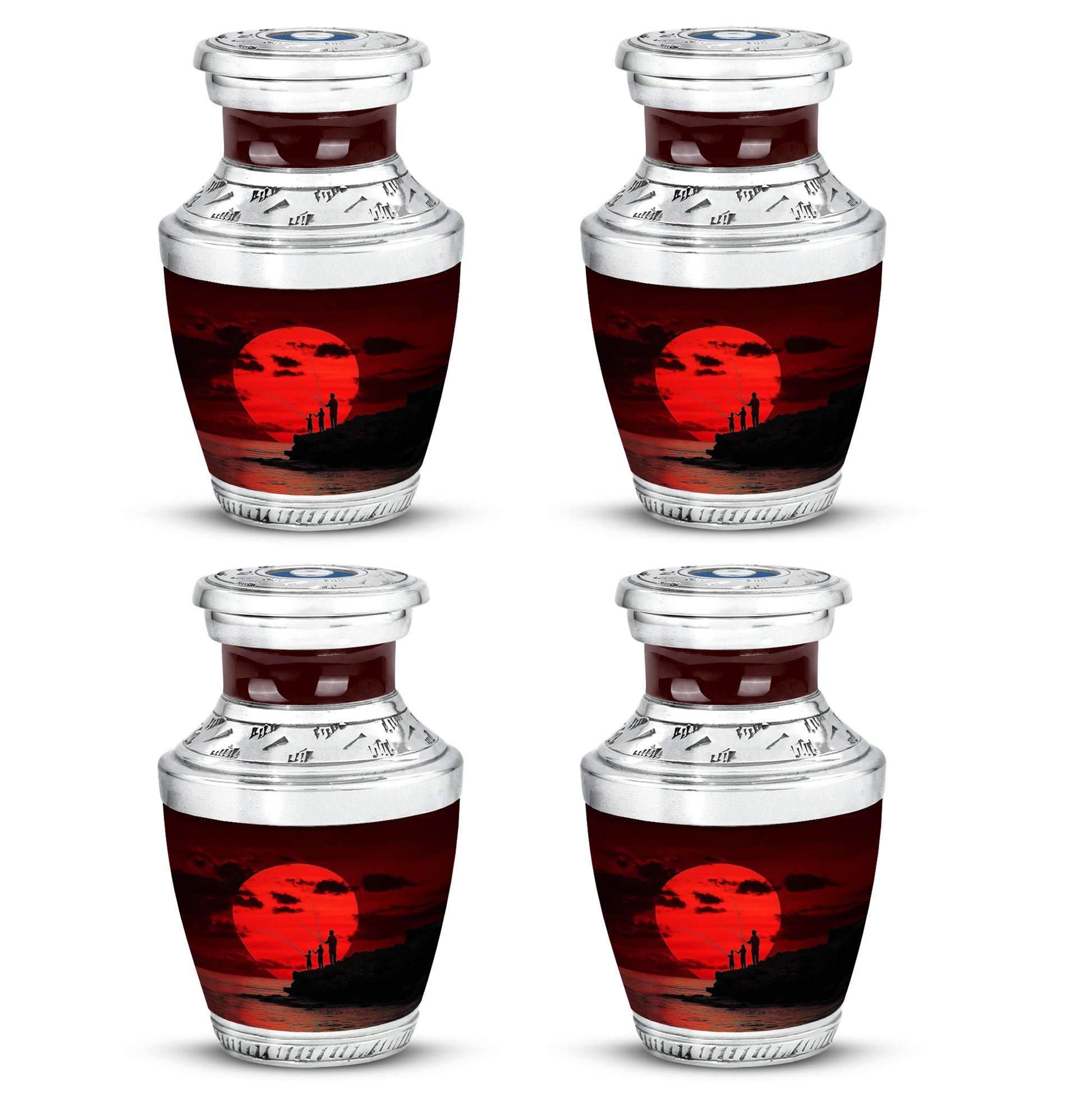 Cherry Red Fishing Cremation Urn back view with polished surface - stylized abstract fishing pattern with bold lines - 10 inch aluminum urn for cremated remains