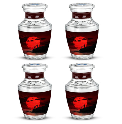 Cherry Red Fishing Cremation Urn back view with polished surface - stylized abstract fishing pattern with bold lines - 10 inch aluminum urn for cremated remains