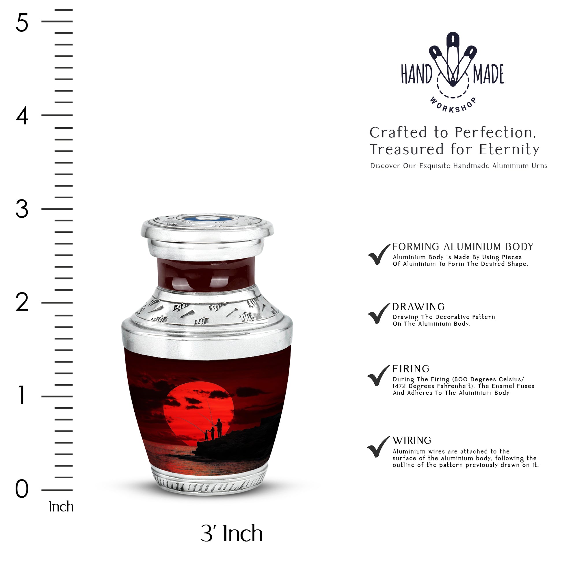Rich Red Fishing Cremation Urn top-down view of secure threaded lid - stylized abstract fishing pattern with bold lines - mini keepsake memorial for portion of cremation ashes