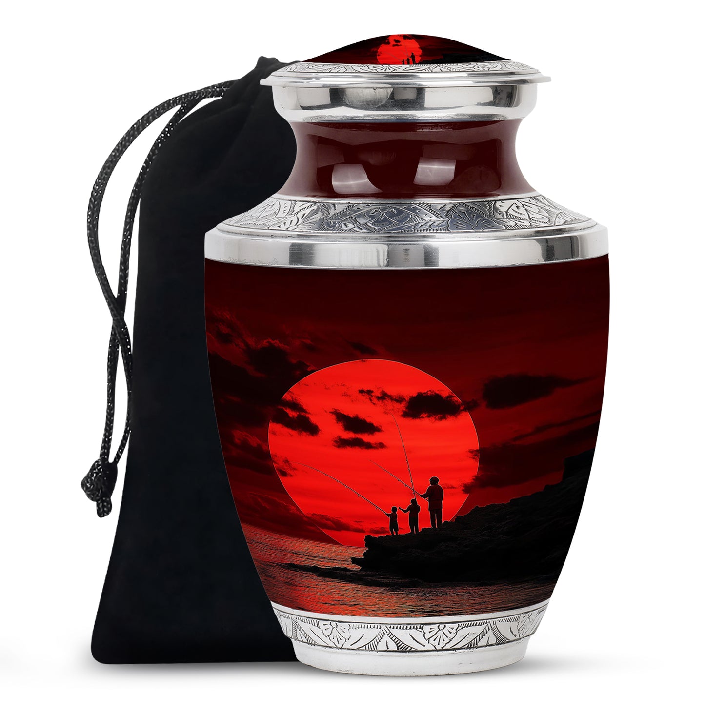Cherry Red Fishing Cremation Urn side profile showing urn shape - artistic fishing interpretation with creative detail - full-size 10 inch 200 cubic inch adult cremation urn