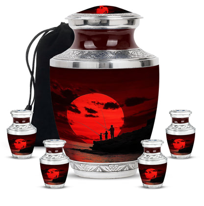 Garnet Red Fishing Cremation Urn lifestyle display on memorial shelf - modern art-inspired fishing motif on sleek aluminum - memorial set with one large and four small urns