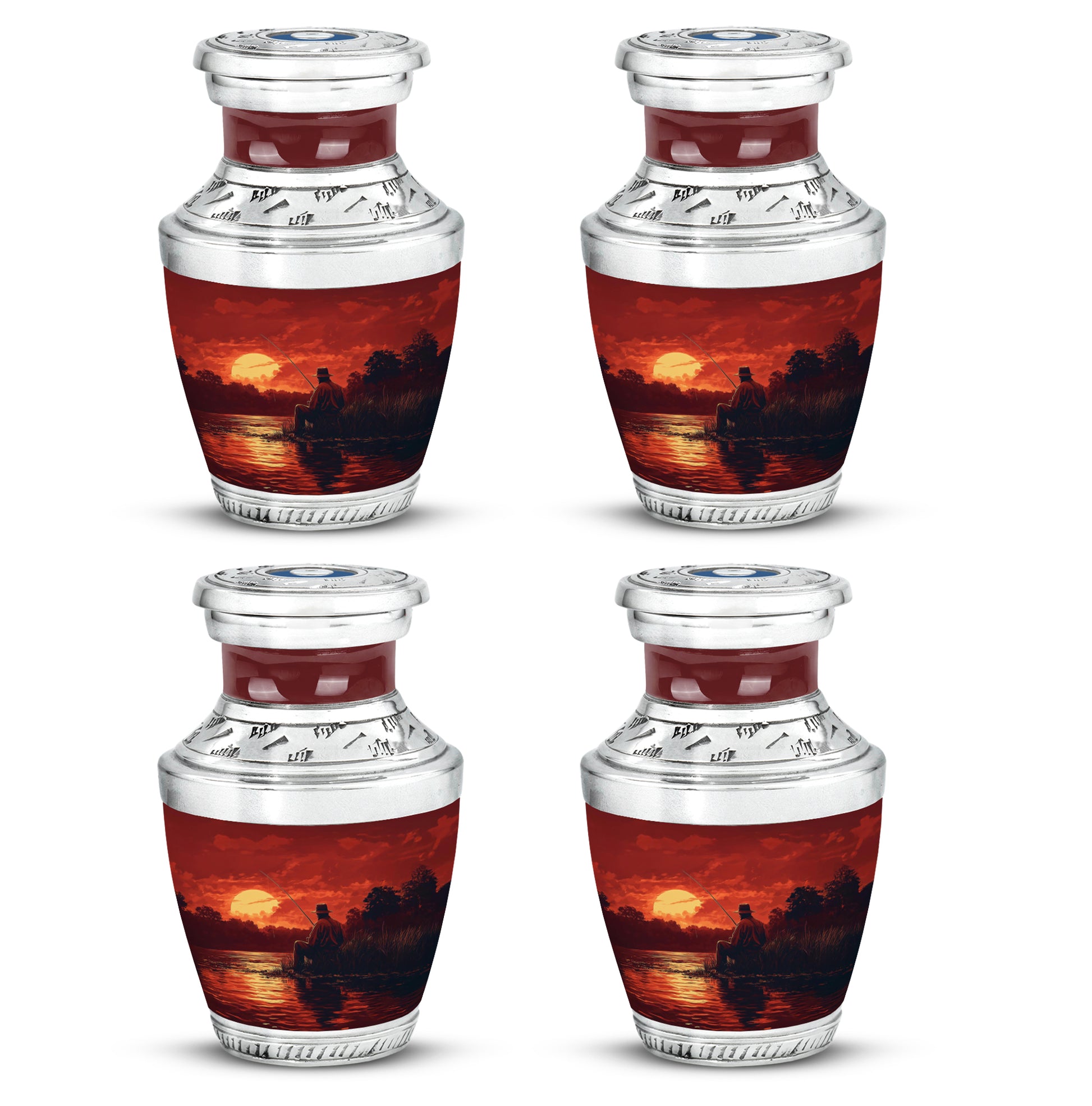 Wine Red Fishing Cremation Urn back view with polished surface - modern art-inspired fishing motif on sleek aluminum - 10 inch aluminum urn for cremated remains