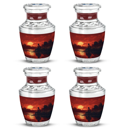 Wine Red Fishing Cremation Urn back view with polished surface - modern art-inspired fishing motif on sleek aluminum - 10 inch aluminum urn for cremated remains