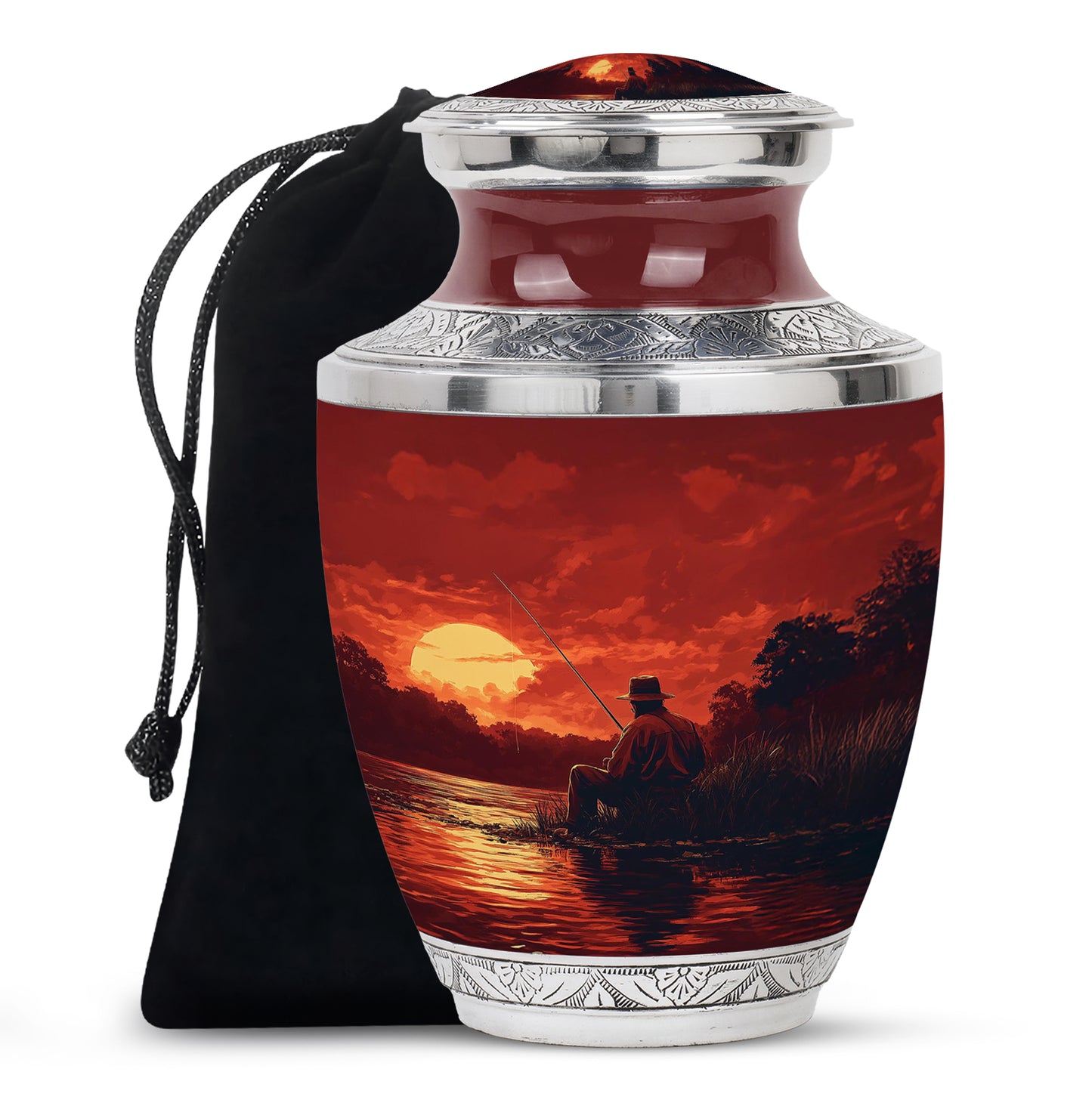 Scarlet Red Fishing Cremation Urn side profile showing urn shape - artistic fishing interpretation with creative detail - full-size 10 inch 200 cubic inch adult cremation urn