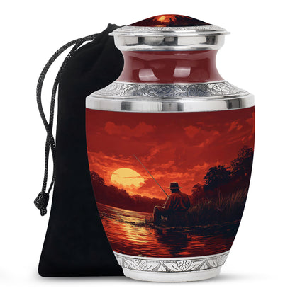 Scarlet Red Fishing Cremation Urn side profile showing urn shape - artistic fishing interpretation with creative detail - full-size 10 inch 200 cubic inch adult cremation urn