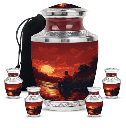 Garnet Red Fishing Cremation Urn lifestyle display on memorial shelf - modern art-inspired fishing motif on sleek aluminum - memorial set with one large and four small urns