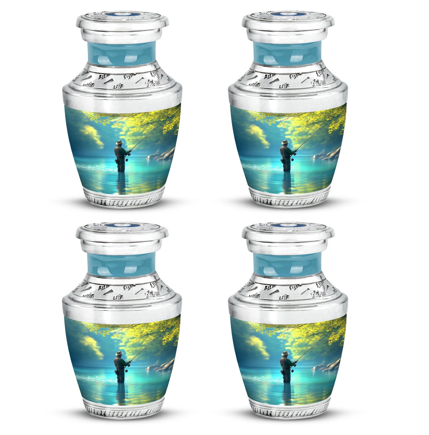 Soft Teal Fishing Cremation Urn back view with polished surface - modern art-inspired fishing motif on sleek aluminum - 10 inch aluminum urn for cremated remains