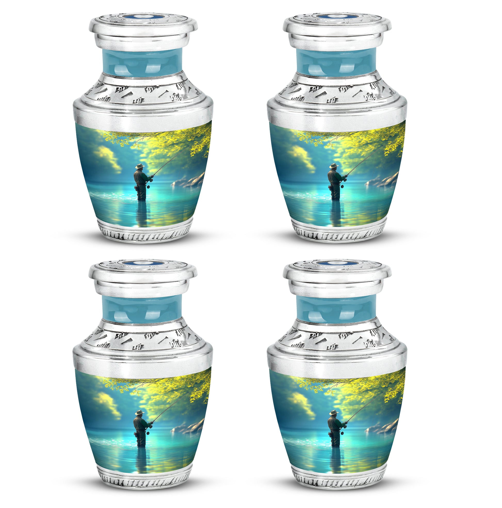 Soft Teal Fishing Cremation Urn back view with polished surface - modern art-inspired fishing motif on sleek aluminum - 10 inch aluminum urn for cremated remains