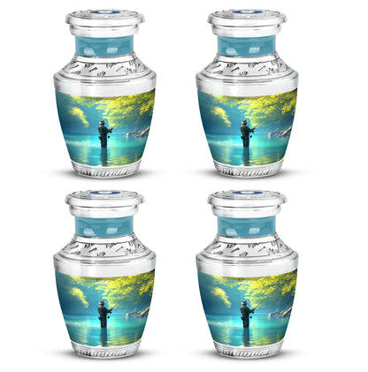 Soft Teal Fishing Cremation Urn back view with polished surface - modern art-inspired fishing motif on sleek aluminum - 10 inch aluminum urn for cremated remains