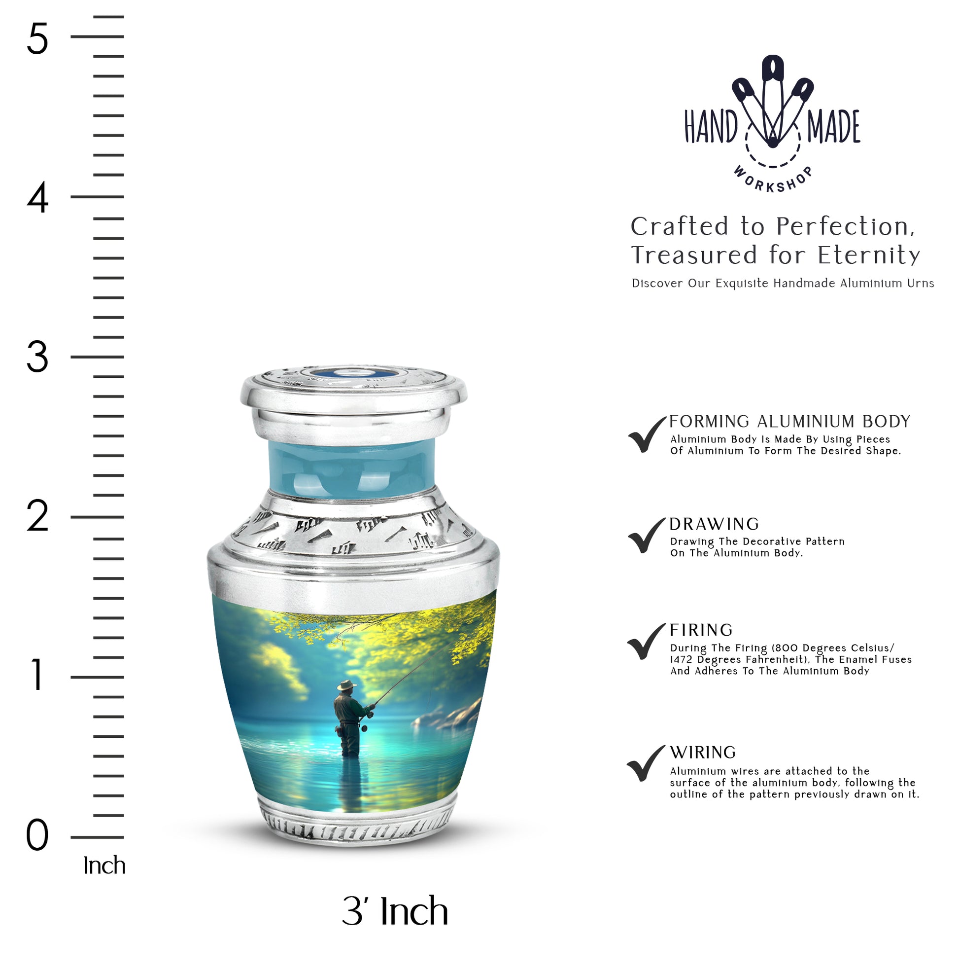 Mystic Teal Fishing Cremation Urn top-down view of secure threaded lid - artistic fishing interpretation with creative detail - mini keepsake memorial for portion of cremation ashes