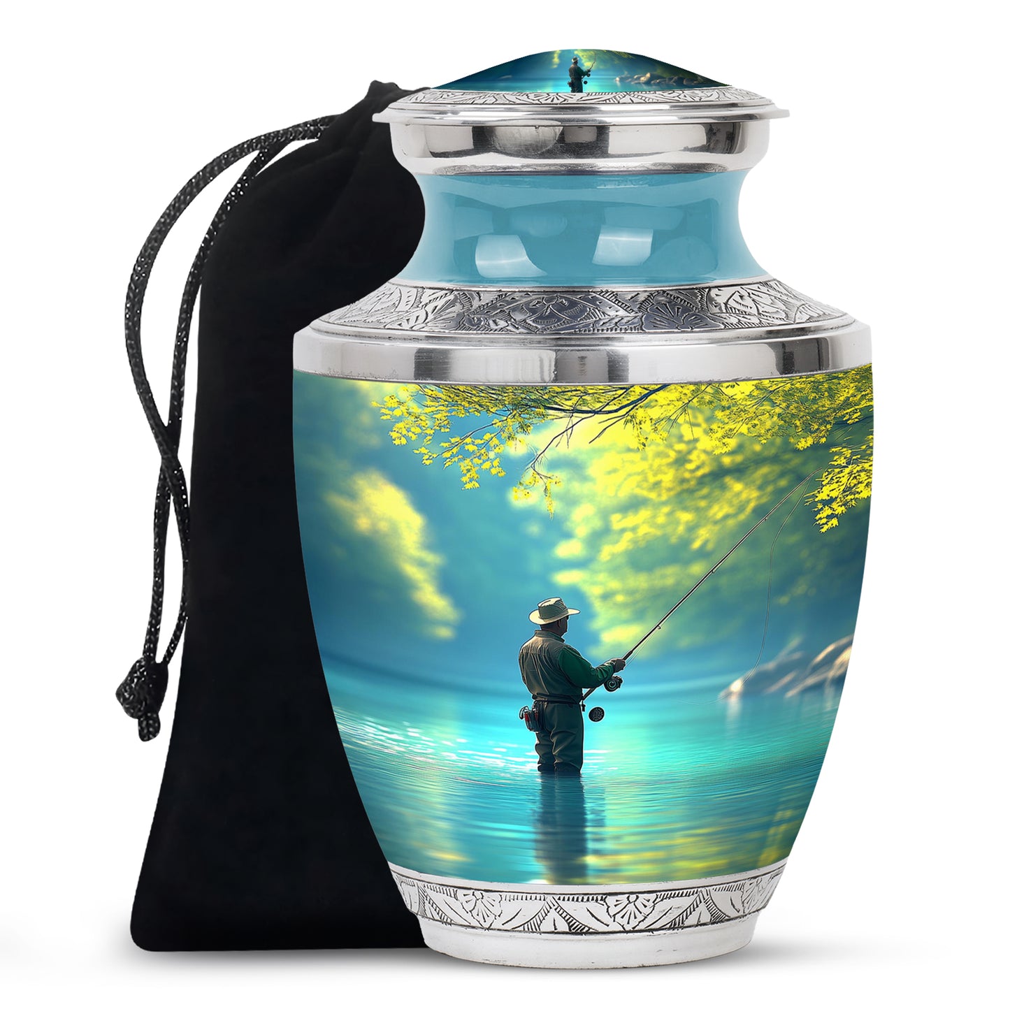 Soft Teal Fishing Cremation Urn side profile showing urn shape - contemporary fishing design with modern artistic flair - full-size 10 inch 200 cubic inch adult cremation urn