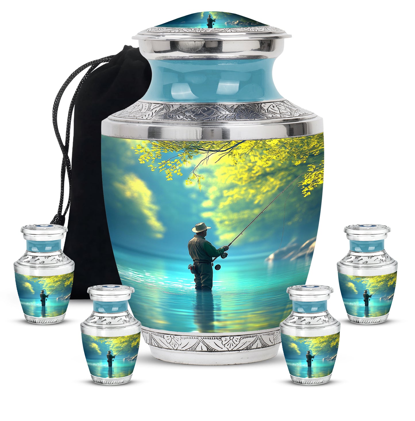 Deep Teal Fishing Cremation Urn lifestyle display on memorial shelf - artistic fishing interpretation with creative detail - memorial set with one large and four small urns