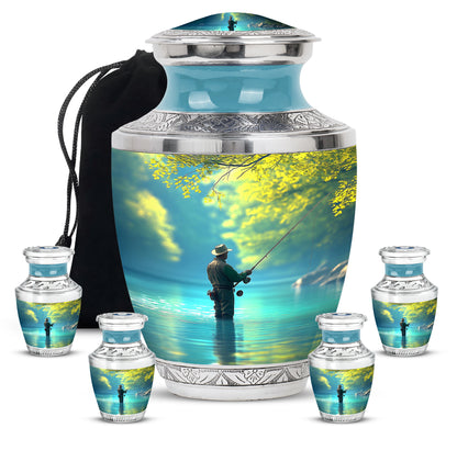 Deep Teal Fishing Cremation Urn lifestyle display on memorial shelf - artistic fishing interpretation with creative detail - memorial set with one large and four small urns