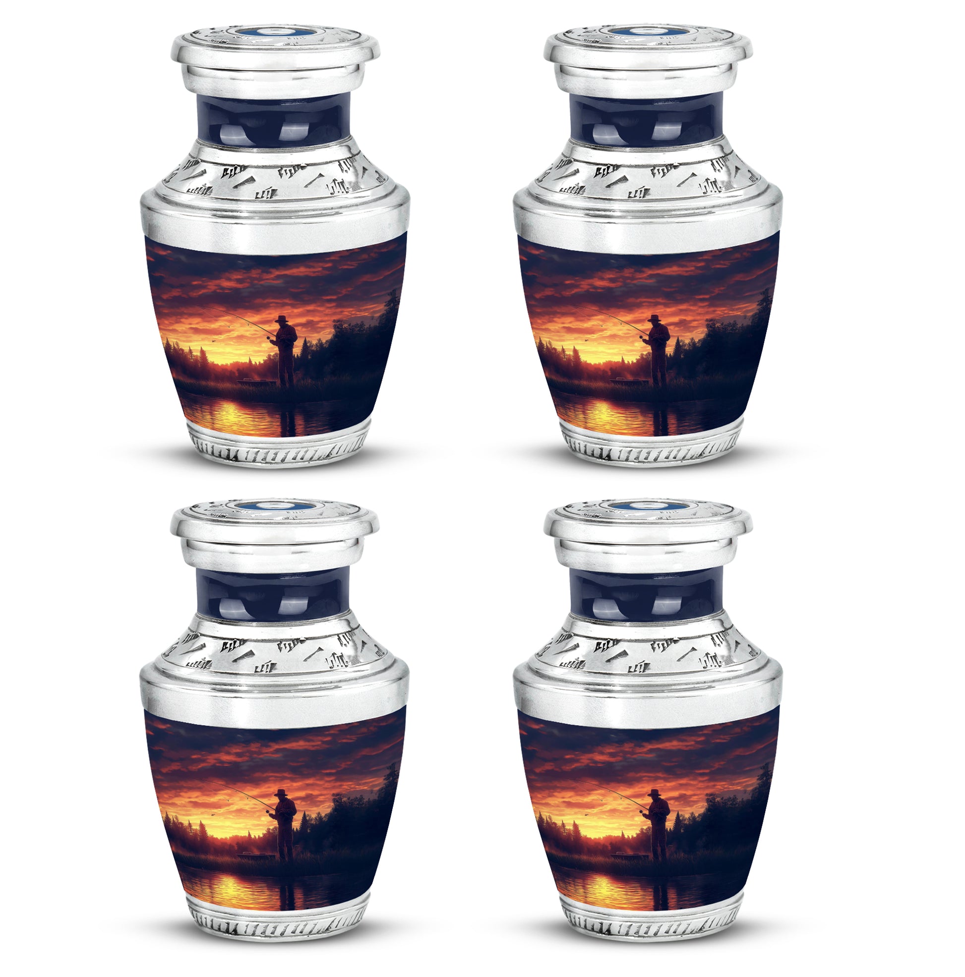 Twilight Purple Fishing Cremation Urn back view with polished surface - stylized abstract fishing pattern with bold lines - 10 inch aluminum urn for cremated remains