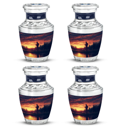 Twilight Purple Fishing Cremation Urn back view with polished surface - stylized abstract fishing pattern with bold lines - 10 inch aluminum urn for cremated remains
