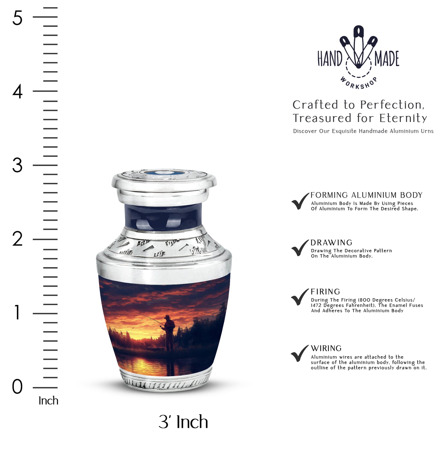 Lavender Purple Fishing Cremation Urn top-down view of secure threaded lid - artistic fishing interpretation with creative detail - mini keepsake memorial for portion of cremation ashes