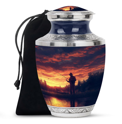 Plum Purple Fishing Cremation Urn side profile showing urn shape - modern art-inspired fishing motif on sleek aluminum - full-size 10 inch 200 cubic inch adult cremation urn