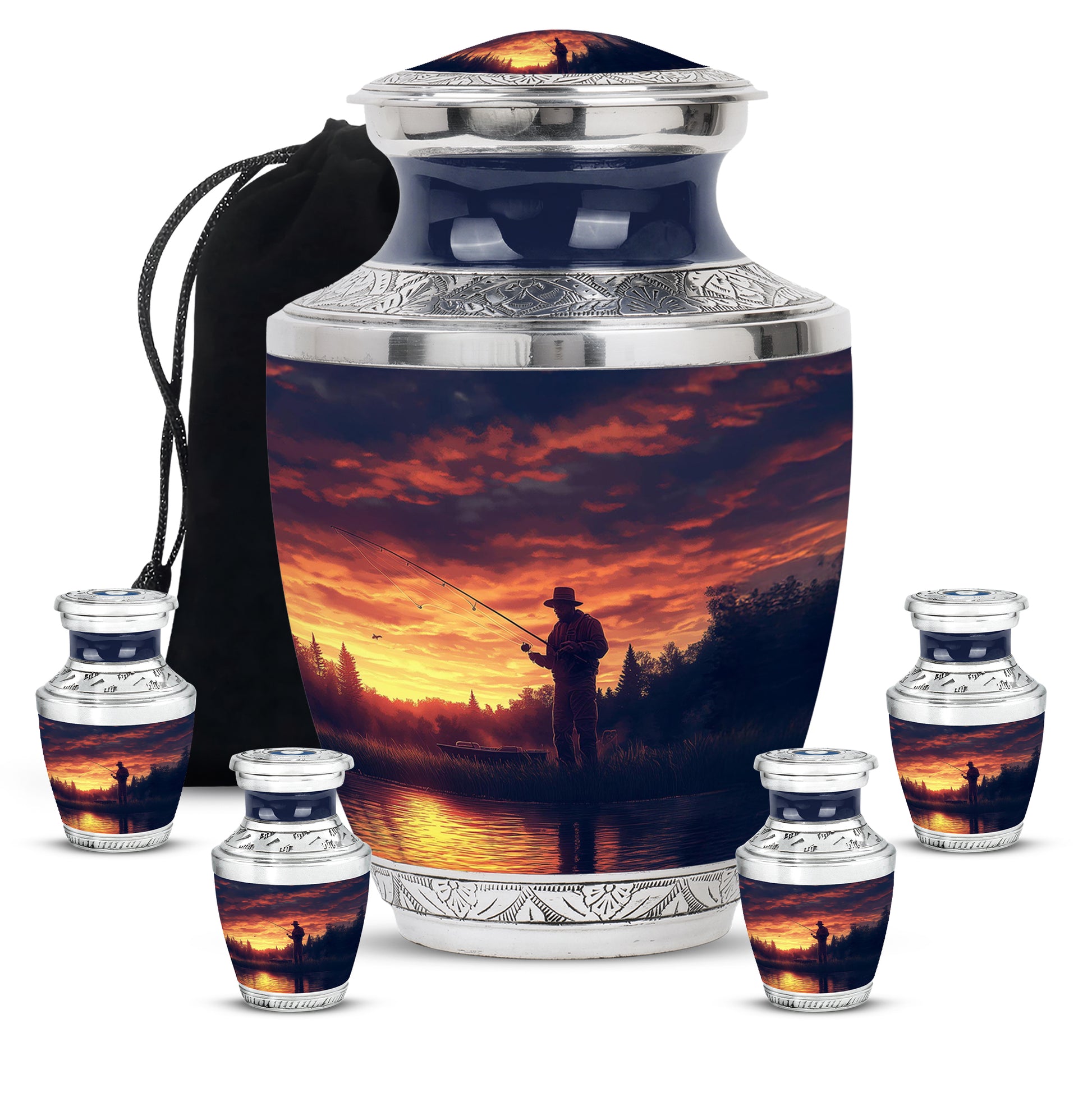 Amethyst Purple Fishing Cremation Urn lifestyle display on memorial shelf - contemporary fishing design with modern artistic flair - memorial set with one large and four small urns